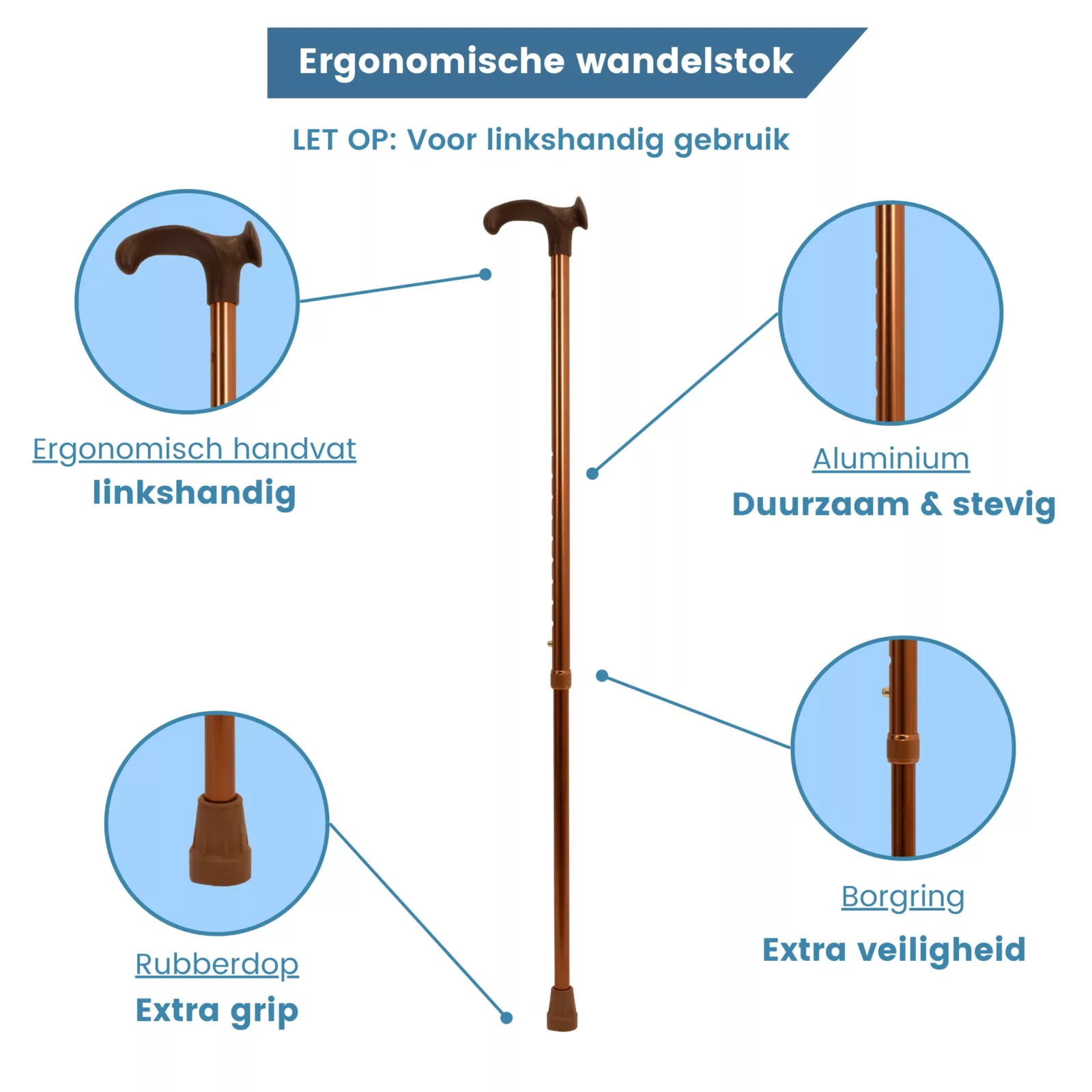 verstelbare wandelstok ergonomisch relax-grip brons linkshandig ups