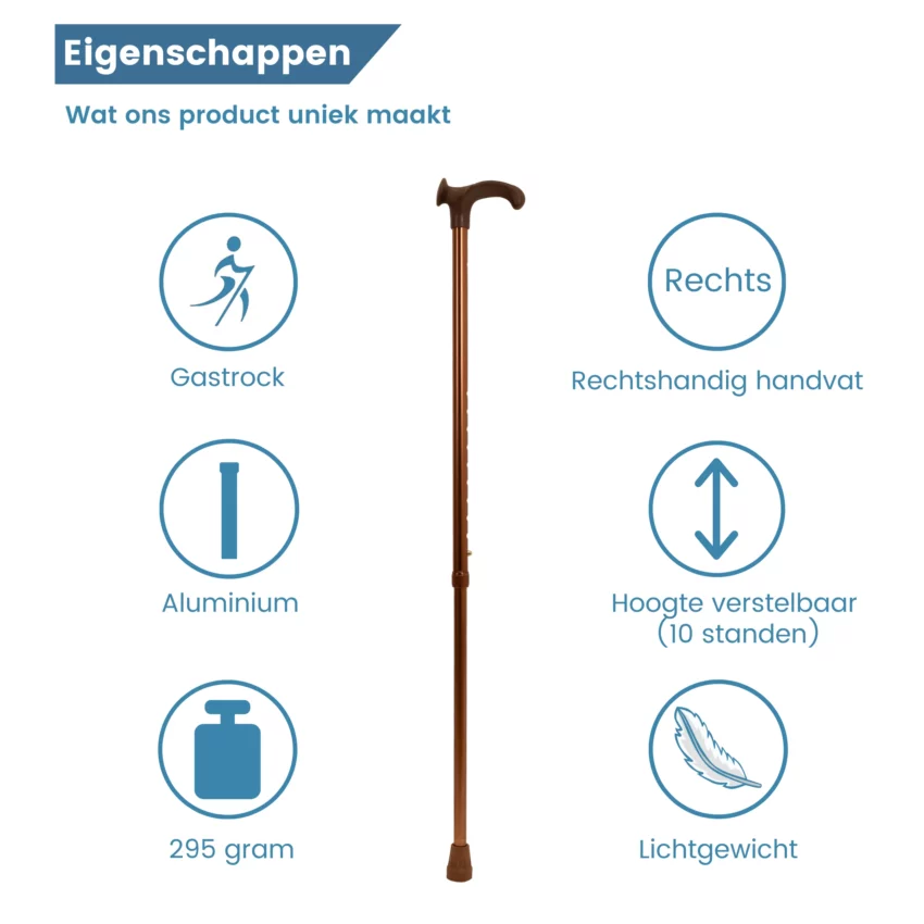 wandelstok ergonomisch relax-grip brons rechtshandig eigenschappen
