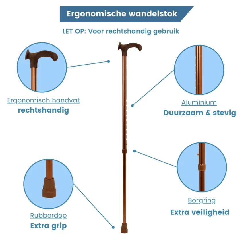 verstelbare wandelstok ergonomisch met rechtshandig handvat eigenschappen