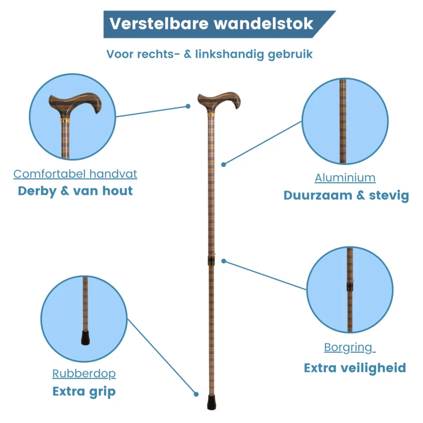 uitschuifbare wandelstok wit rood ruit