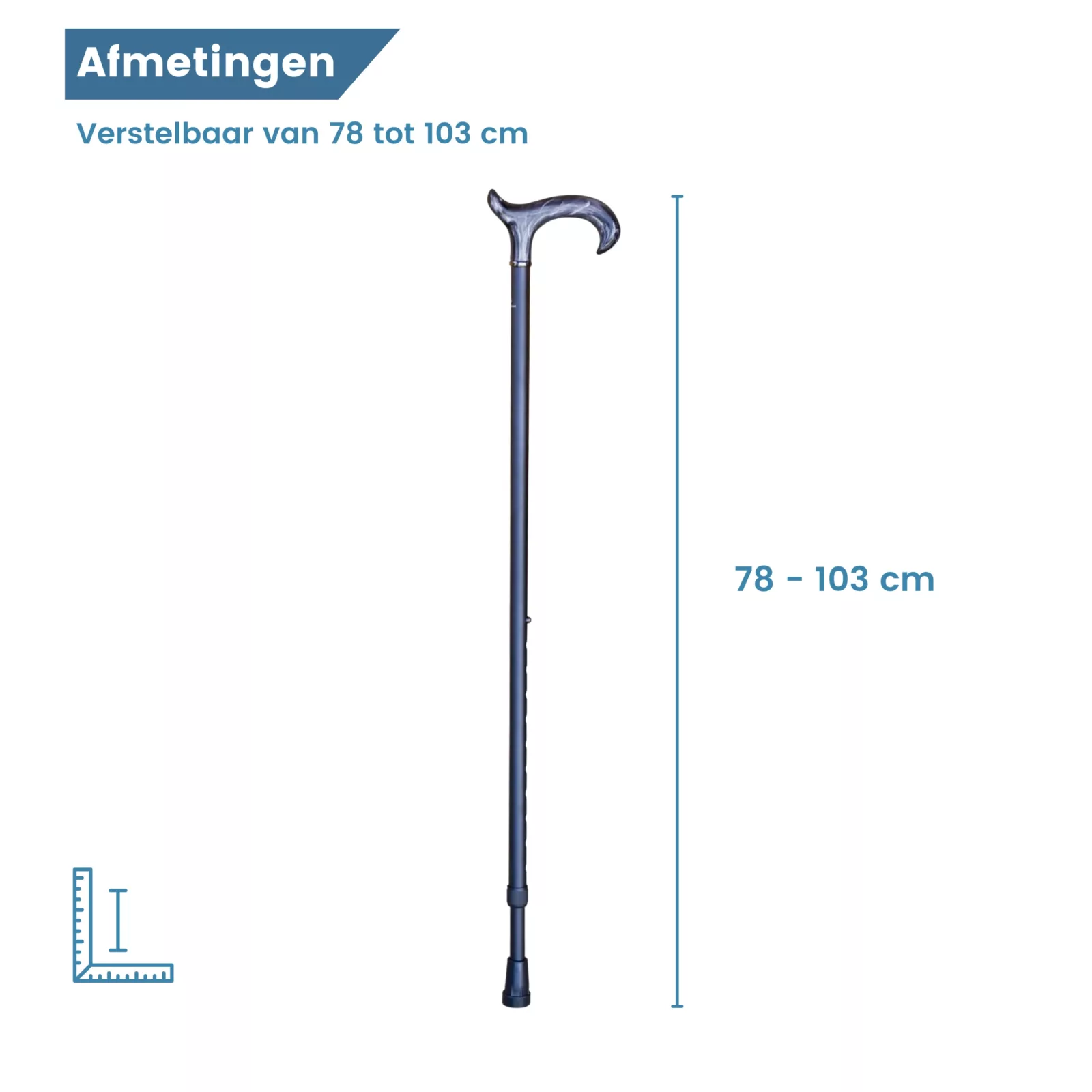 afmetingen zwart met acryl wandelstok