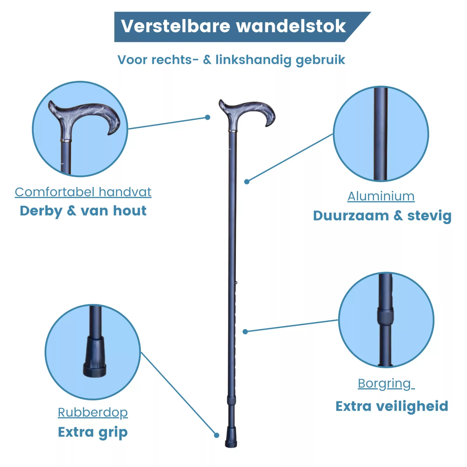 verstelbare wandelstok zwart met acryl handvat usp
