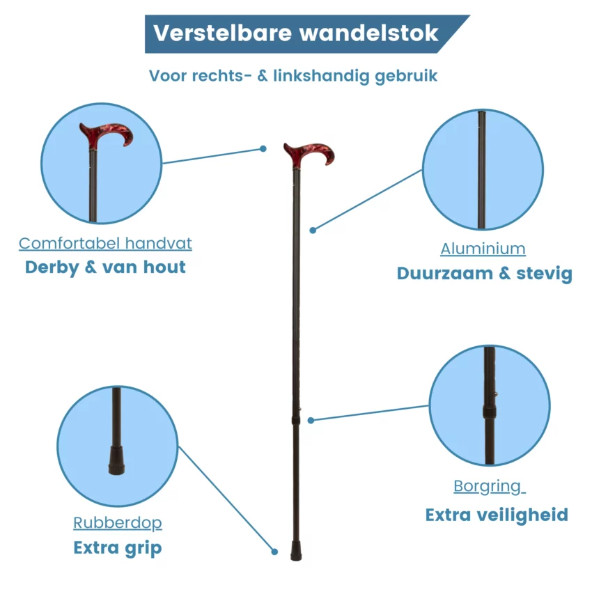 zwarte wandelstok met rood handvat
