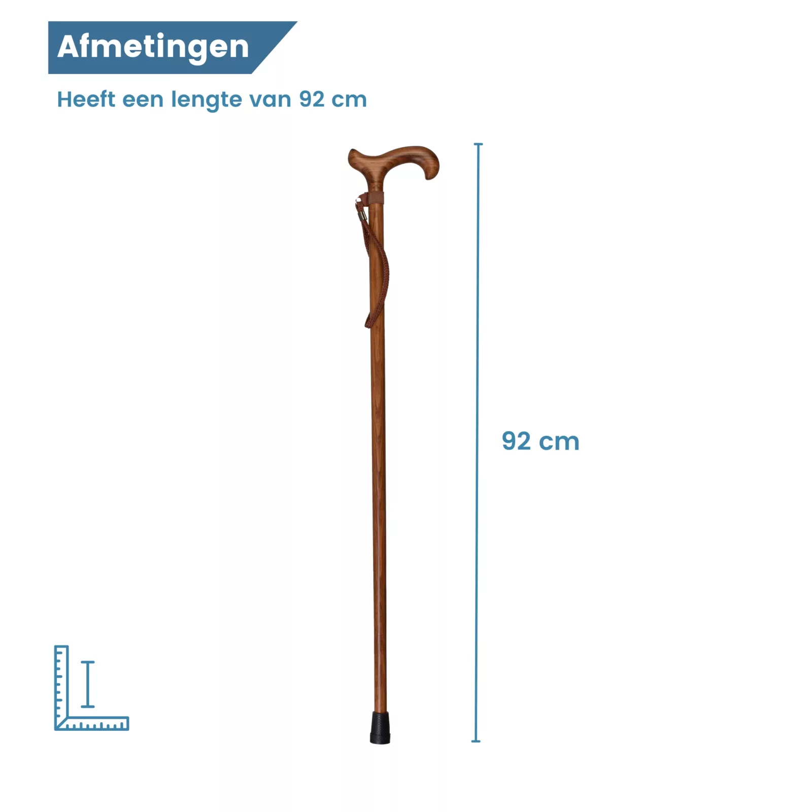 wandelstok hout met bruin armbandje afmetingen