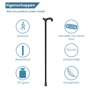 wandelstok beukenhout vrouwen 16 mm zwart eigenschappen