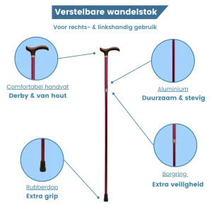 eigenschappen uitschuifbare wandelstok bordeauxrood zacht handvat
