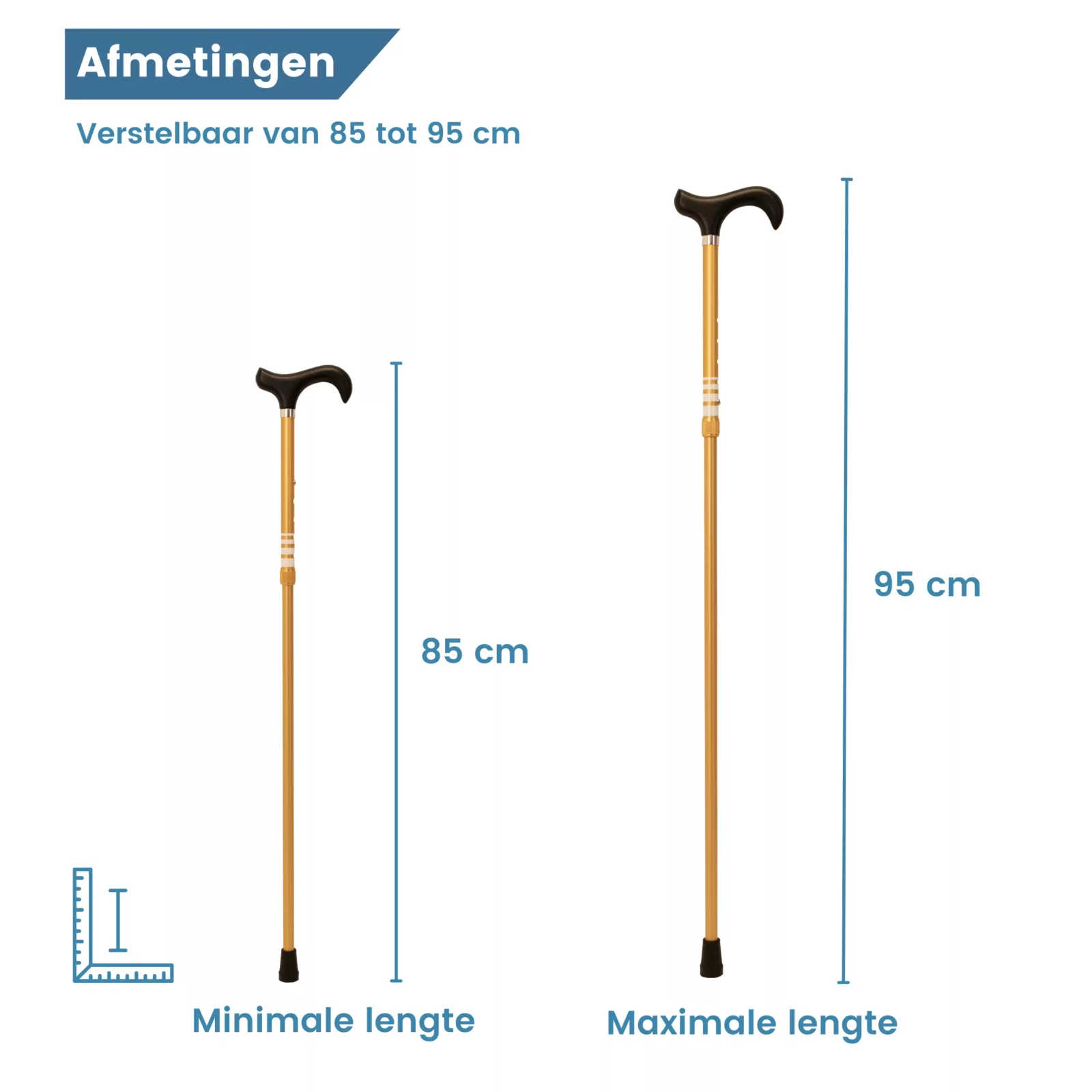 afmetingen uitschuifbare wandelstok ringel goud champagne