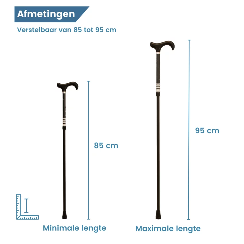 afmetingen verstelbare wandelstok zwart ringel