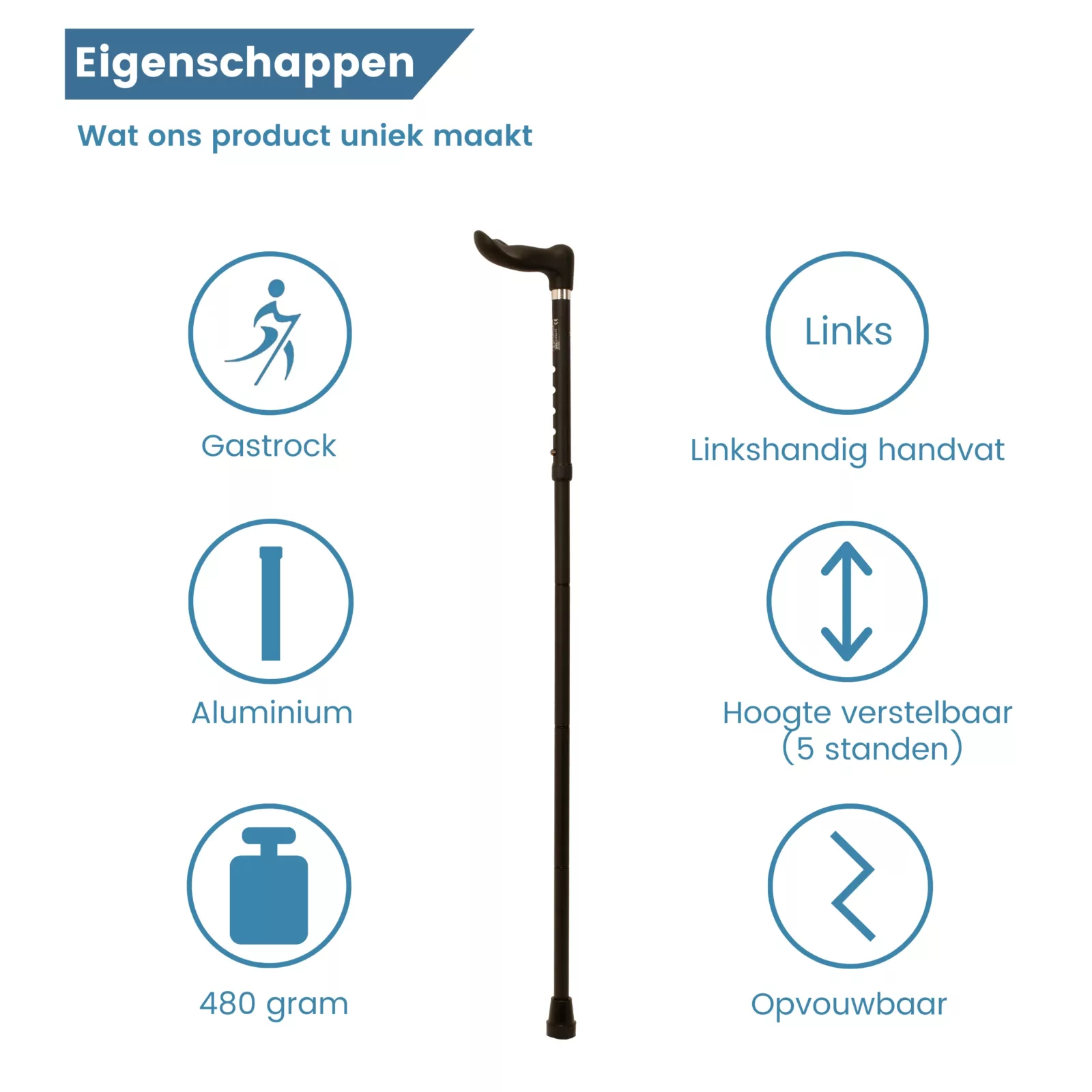 wandelstok ergonomisch opvouwbaar zwart soft touch eigenschappen