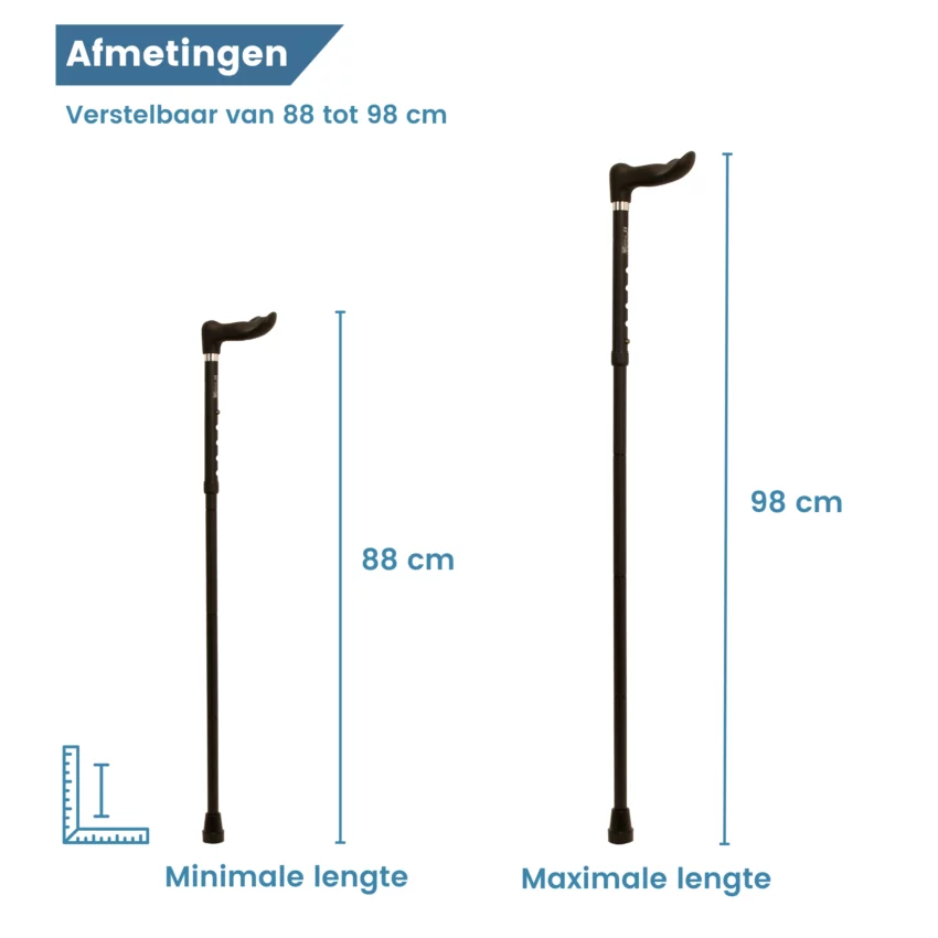 afmetingen anatomische wandelstok zwart met rechts handvat