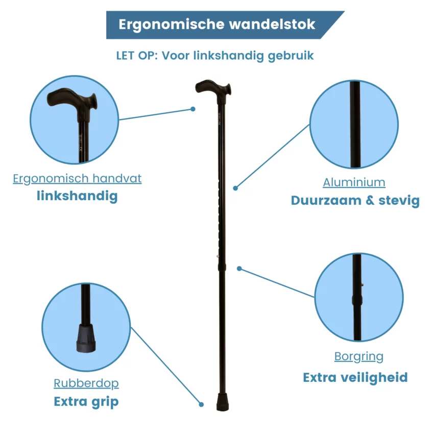 ergonomische wandelstok met linkshandig relax grip in het zwart rechtshandig