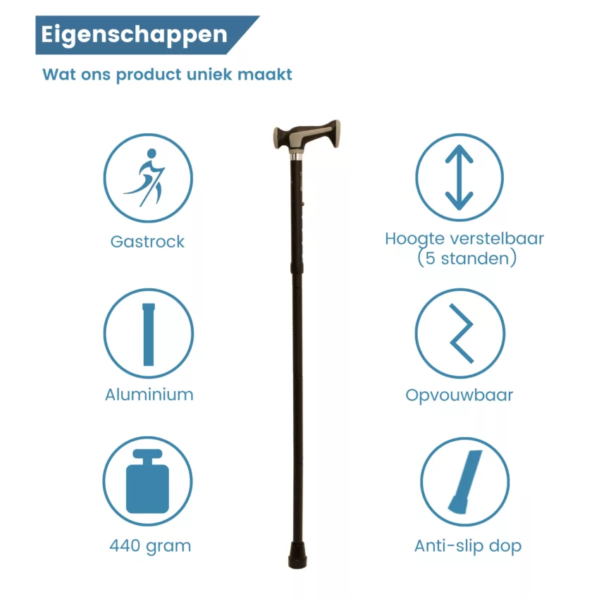 wandelstok inklapbaar zwart zacht handvat eigenschappen