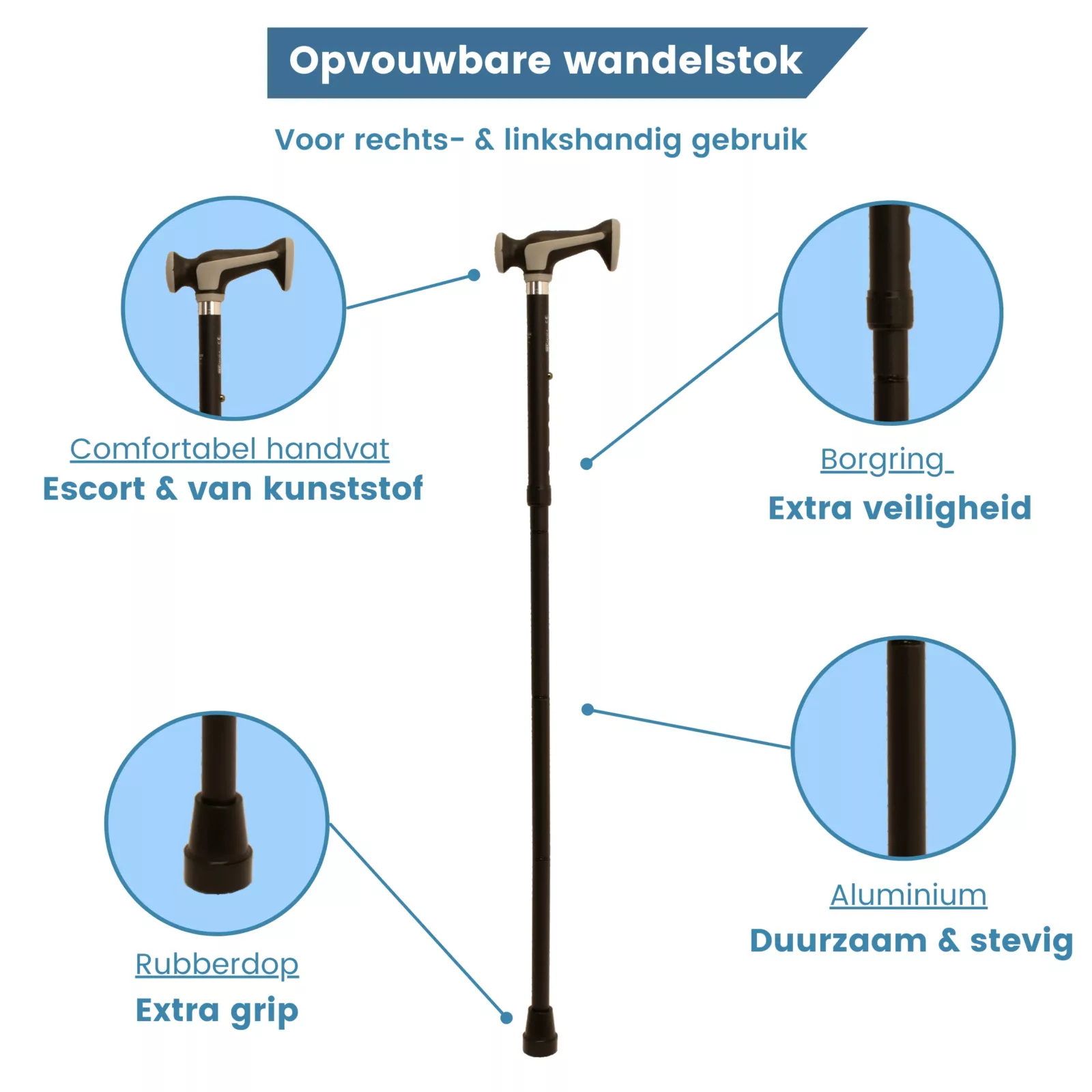 gastrock wandelstok opvouwbaar zwart zacht escort handvat ups