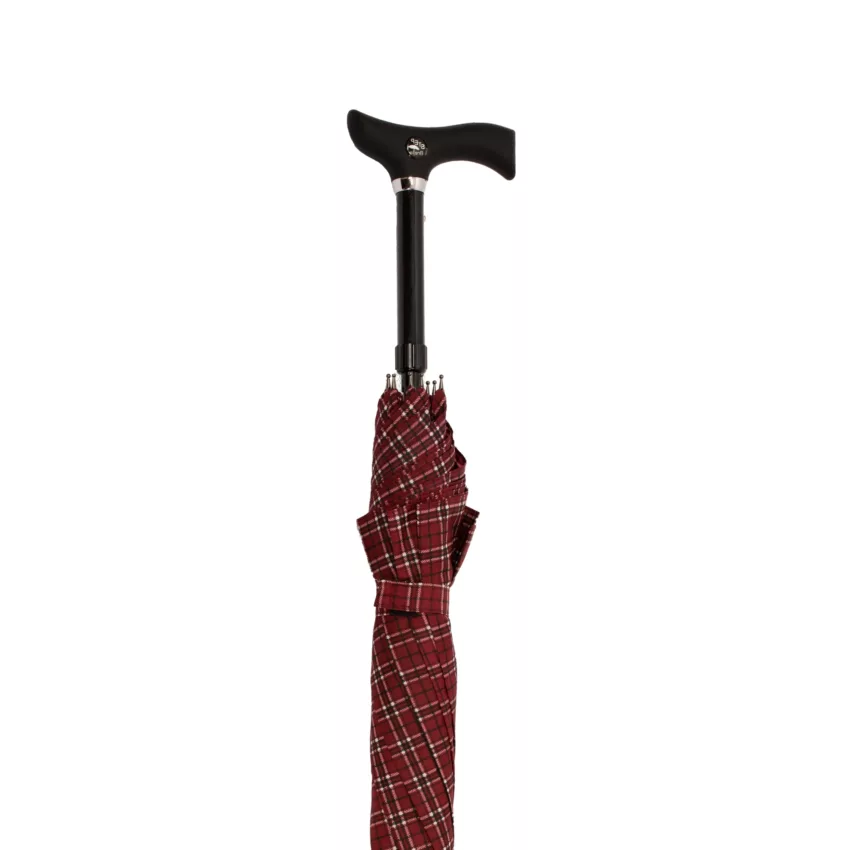 wandelstok paraplu rood met ruit opgerold