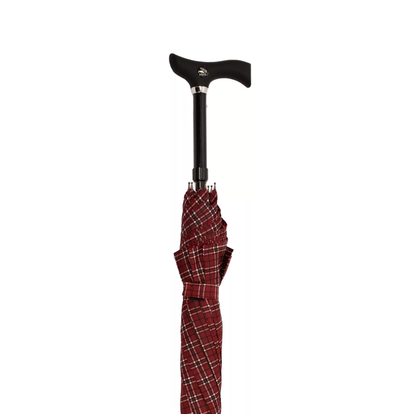 wandelstok paraplu rood met ruit opgerold