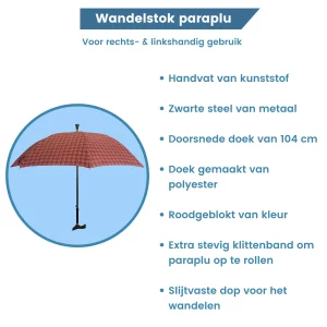 wandelstok paraplu rood geblokt met witte lijnen