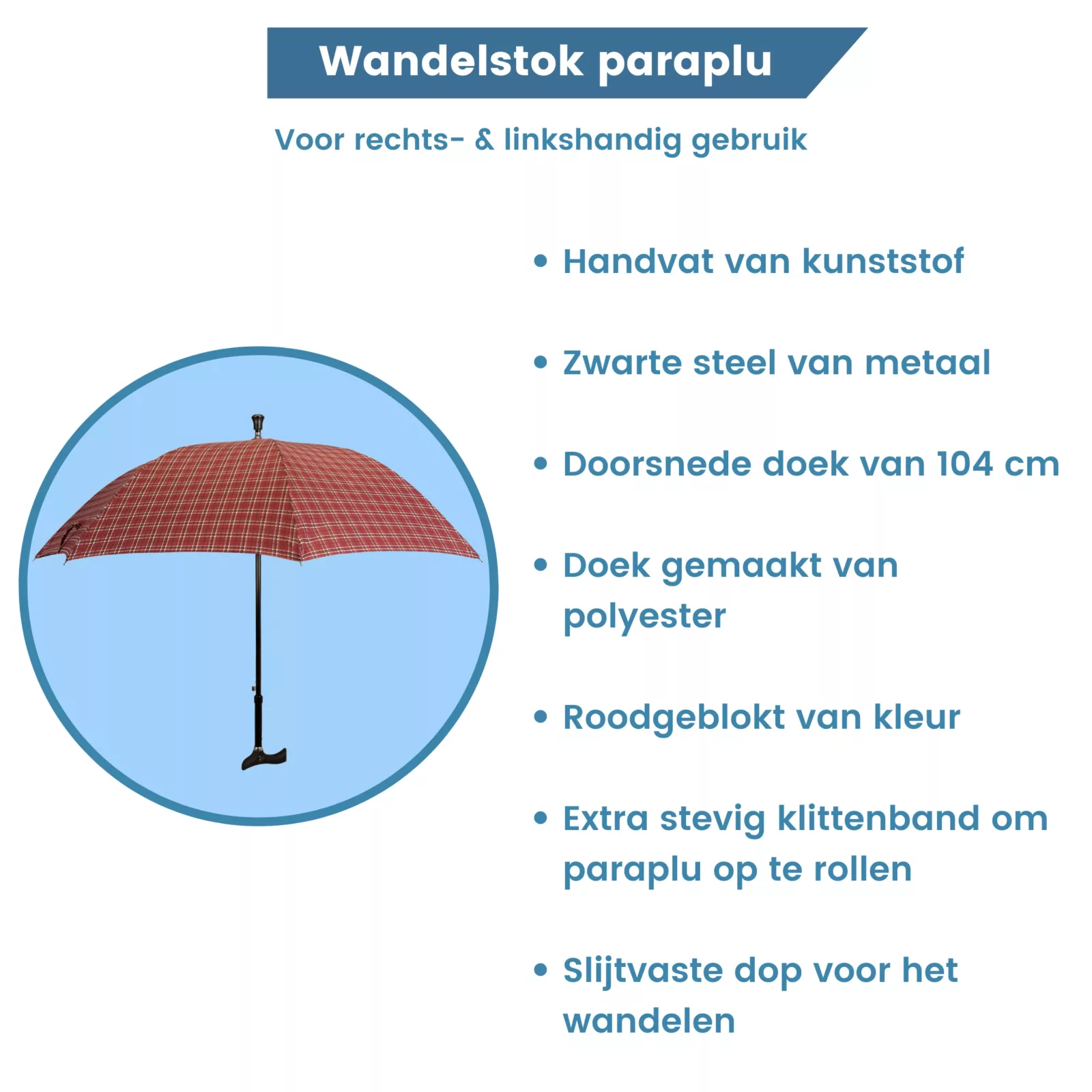 wandelstok paraplu rood geblokt met witte lijnen