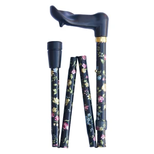 opvouwbare wandelstok ergonomisch handvat zwart met bloemen linkshandig