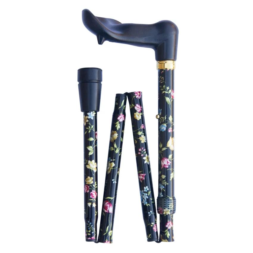 opvouwbare wandelstok ergonomisch handvat zwart met bloemen linkshandig
