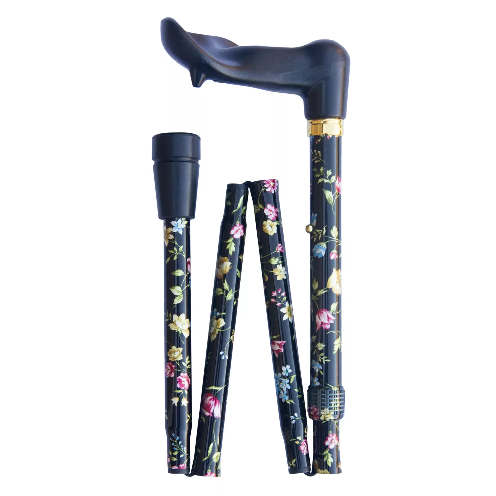 opvouwbare wandelstok ergonomisch handvat zwart met bloemen linkshandig