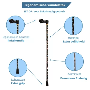 opvouwbare wandelstok ergonomisch zwart bloemen links handvat usp
