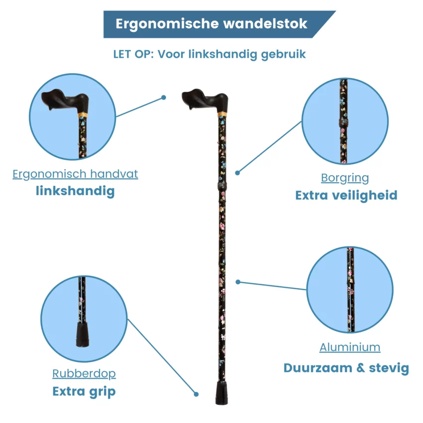 opvouwbare wandelstok ergonomisch zwart bloemen links handvat usp