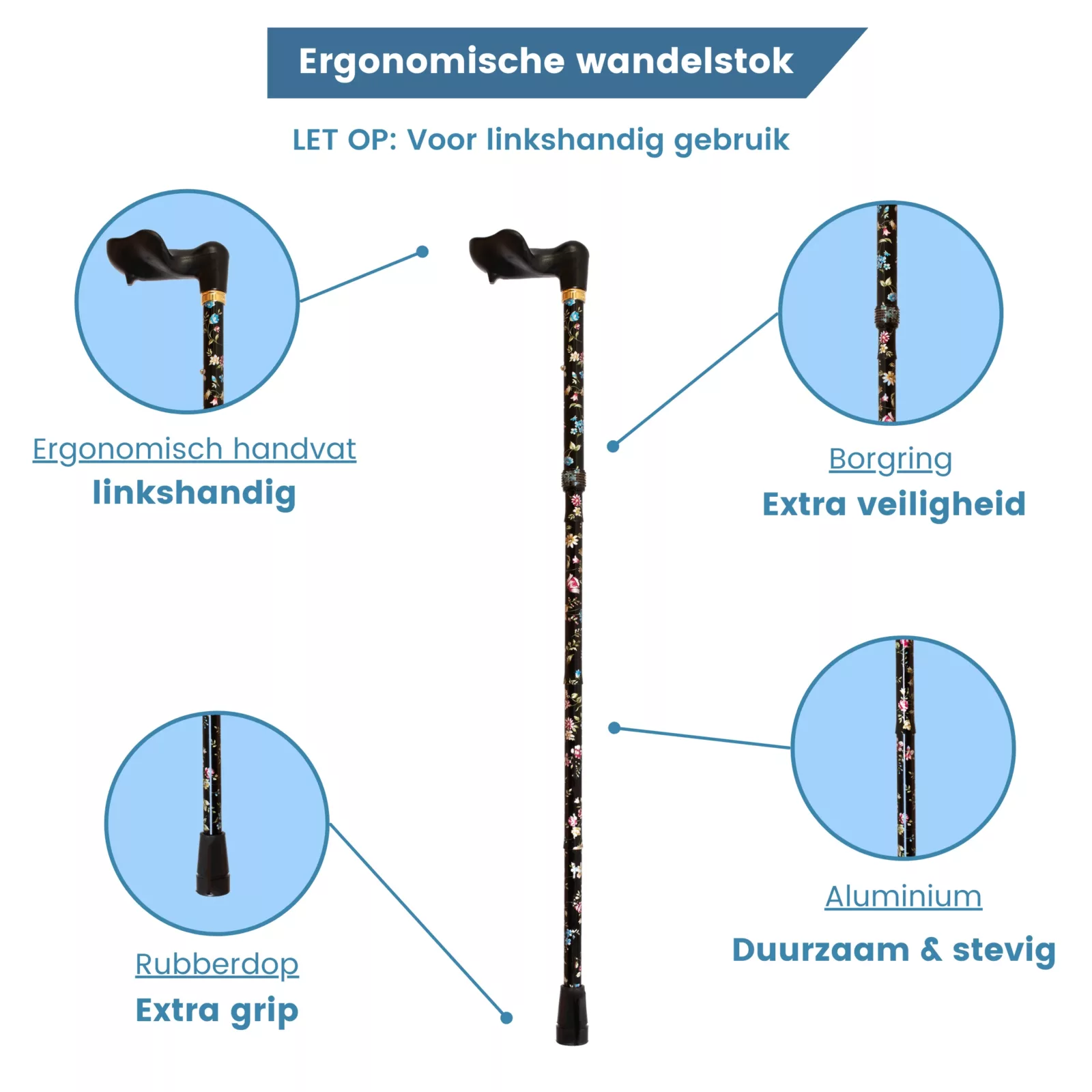 opvouwbare wandelstok ergonomisch zwart bloemen links handvat usp