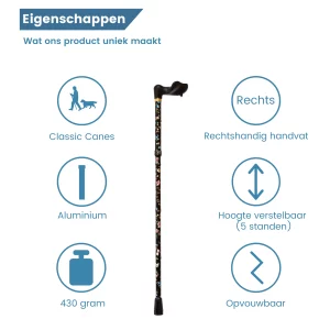 opvouwbare wandelstok ergonomisch zwart bloemen rechts eigenschappen