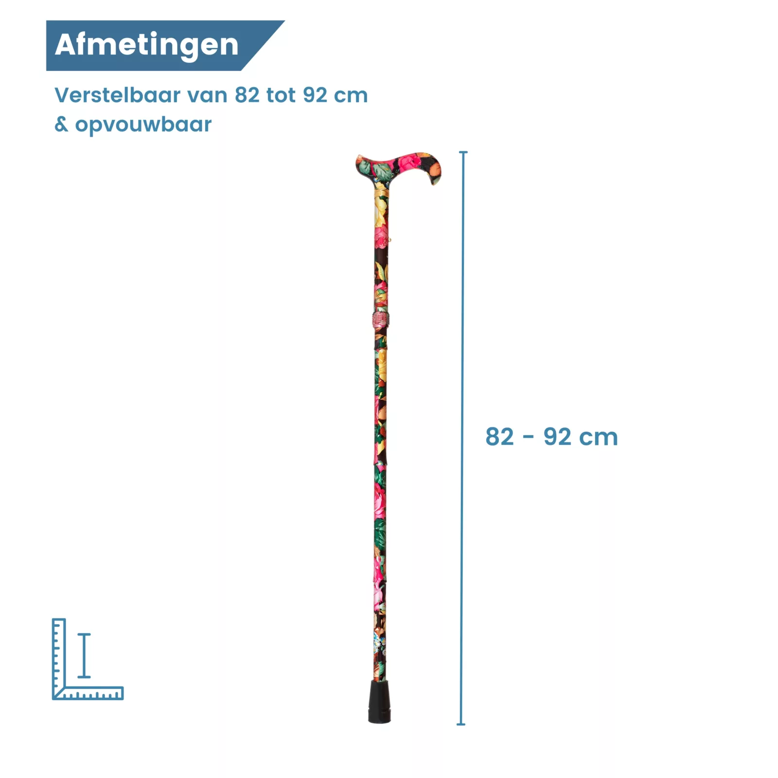 afmetingen wandelstok met bloemen zwart