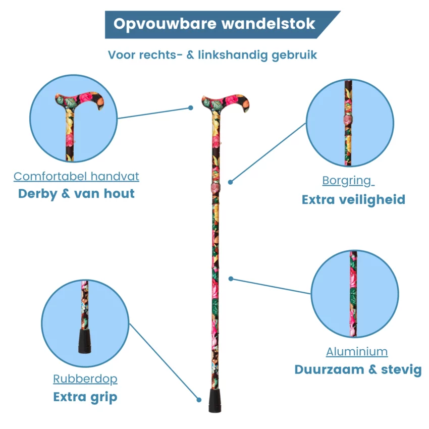 opvouwbare wandelstok met bloemen zwart