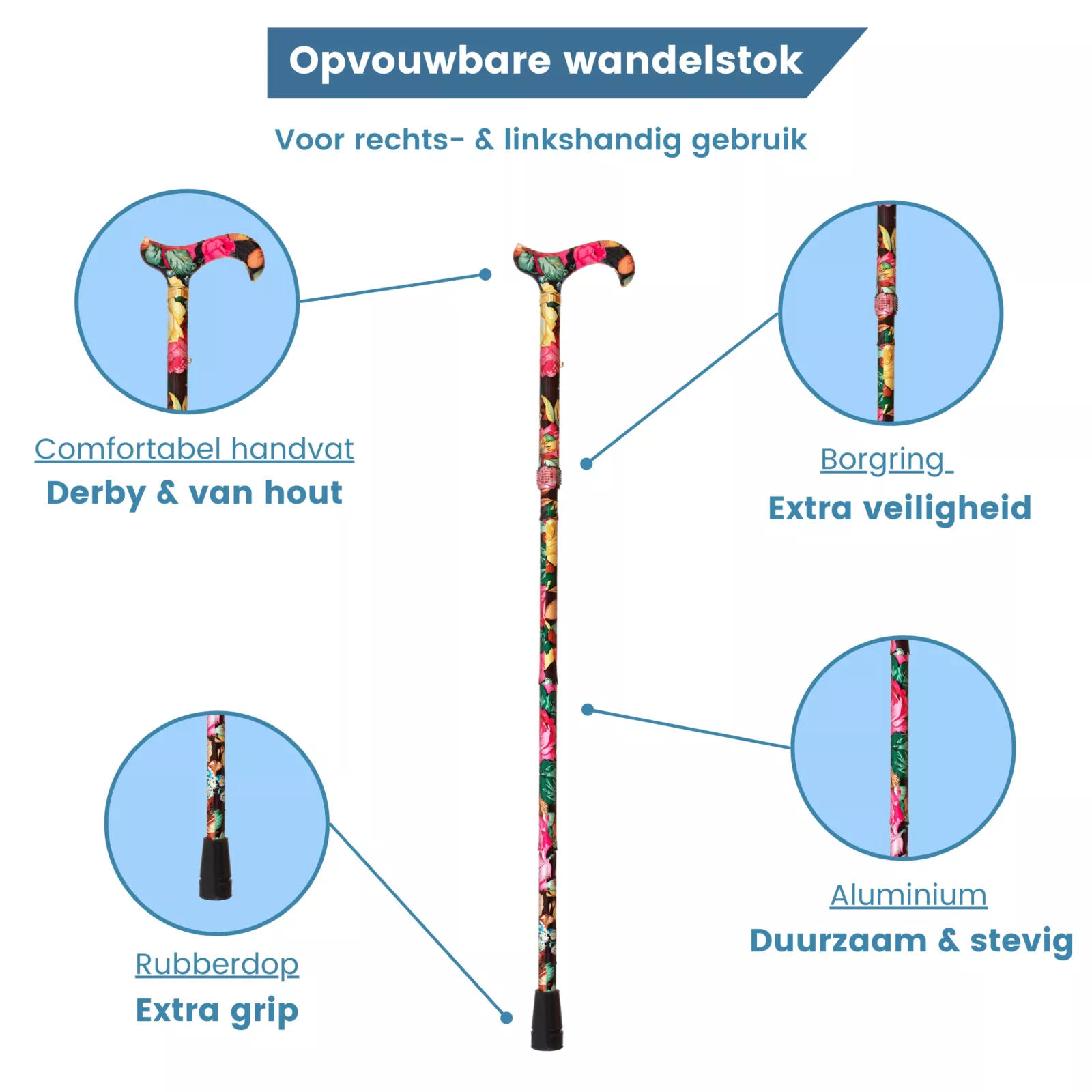 opvouwbare wandelstok met bloemen zwart