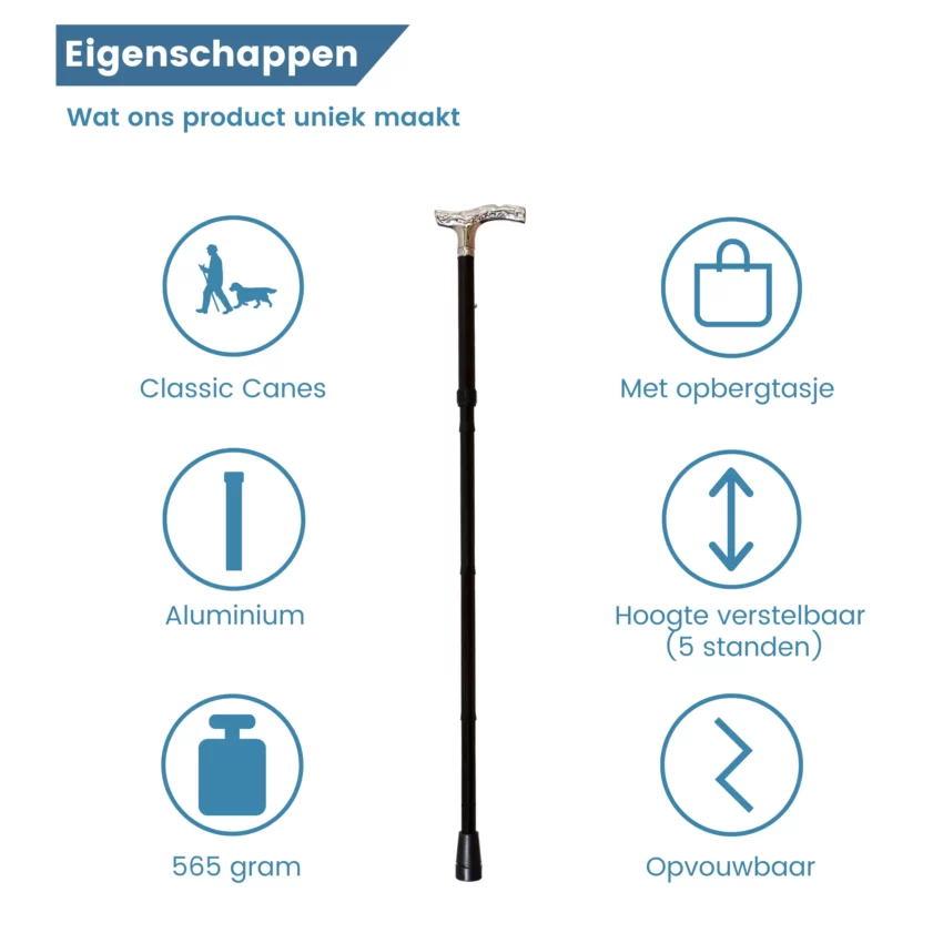 opvouwbare wandelstok verchroomd handvat eigenschappen