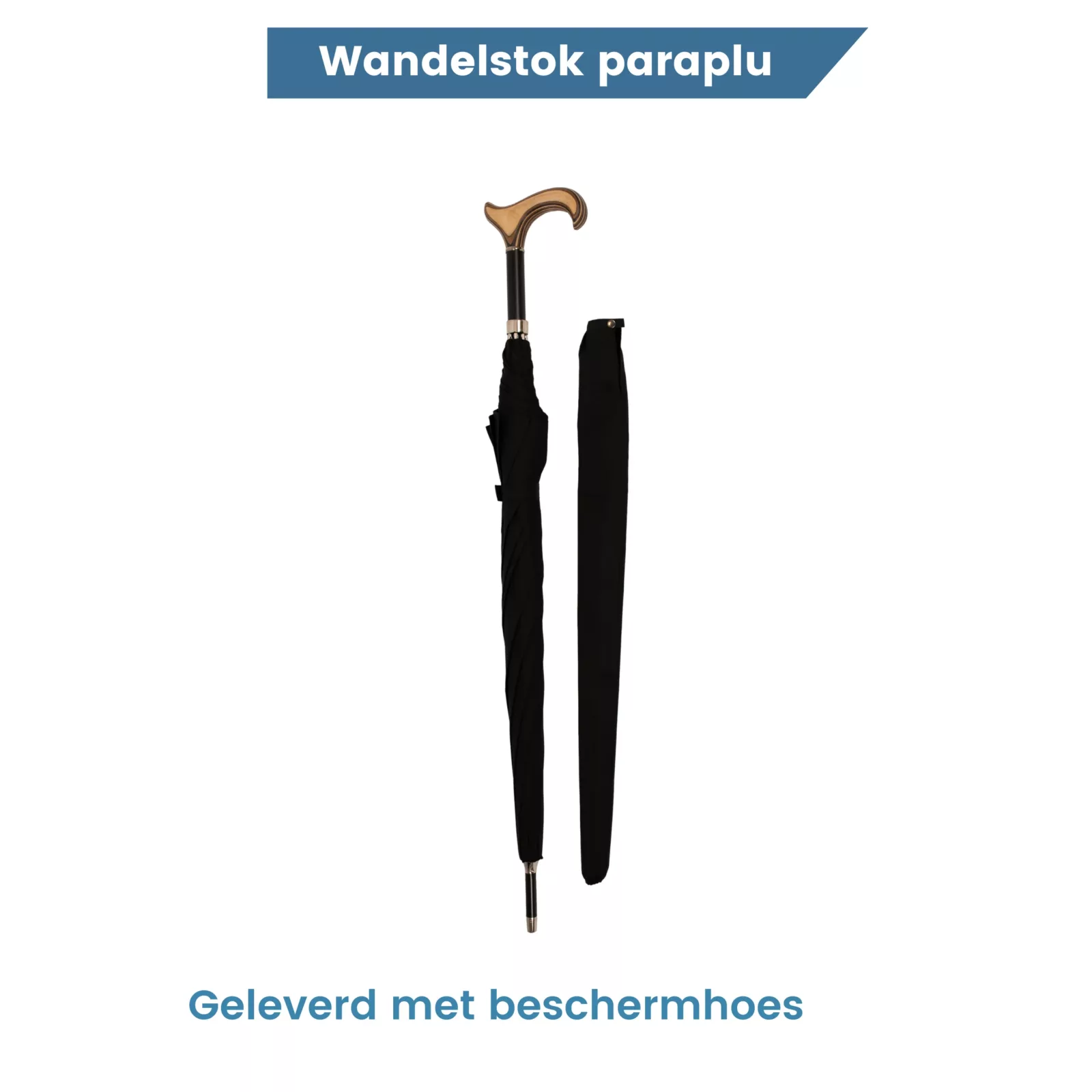paraplu wandelstok 92 cm lang zwart derby handvat beschermhoes