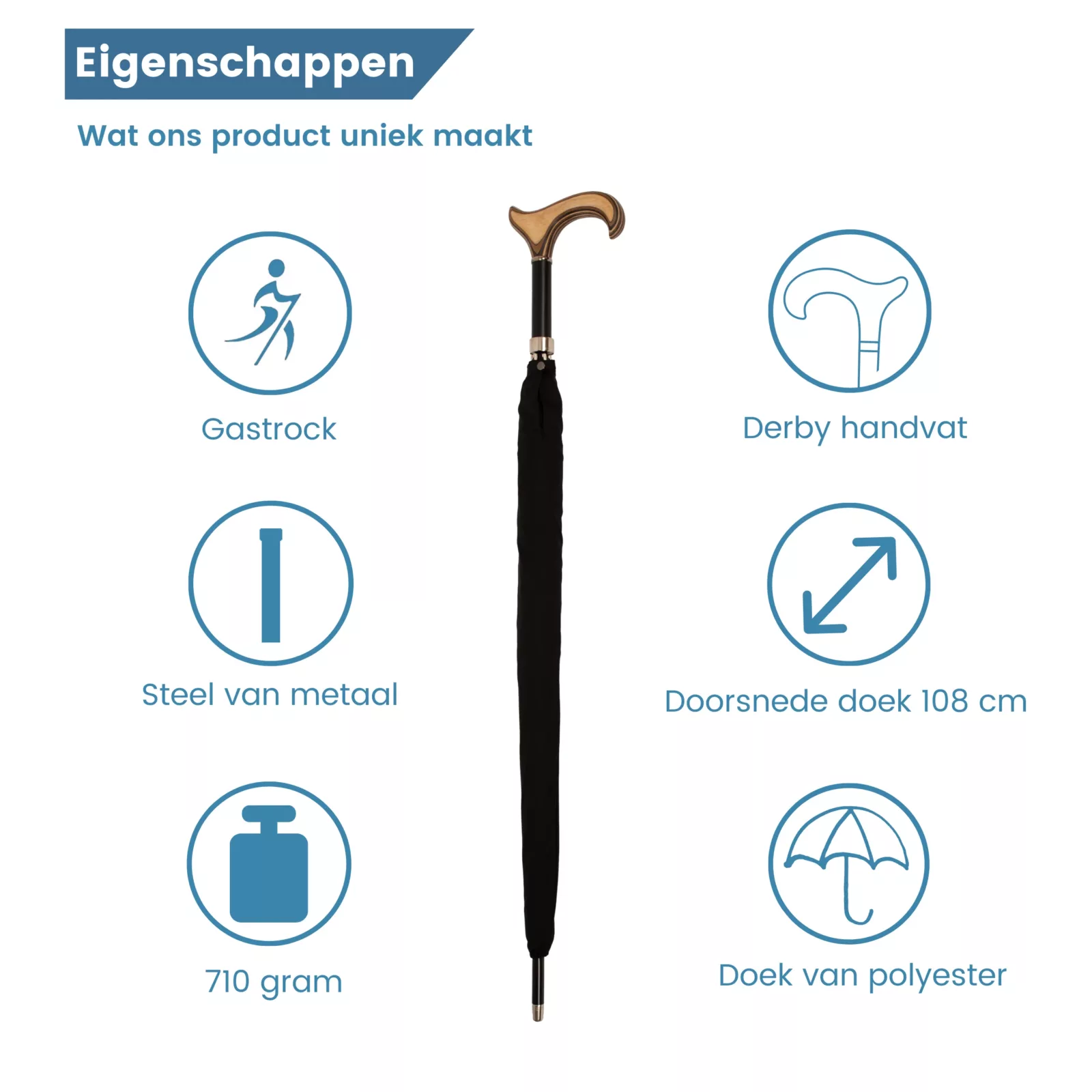 paraplu wandelstok 92 cm lang zwart derby handvat eigenschappen