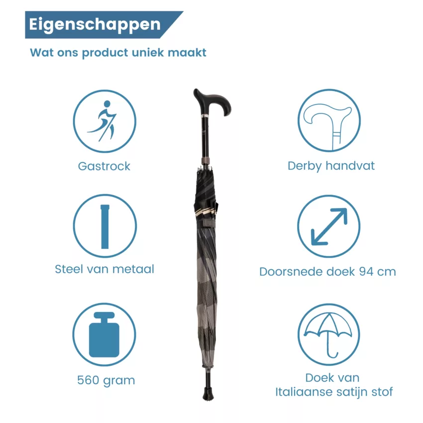 verstelbare wandelstok met paraplu satijn stof