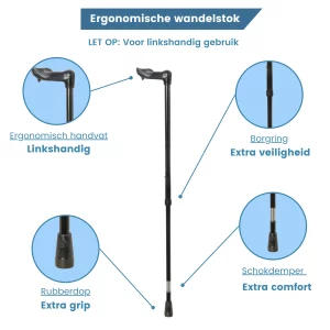 eigenschappen ergonomische wandelstok linkshandig met schokdemper