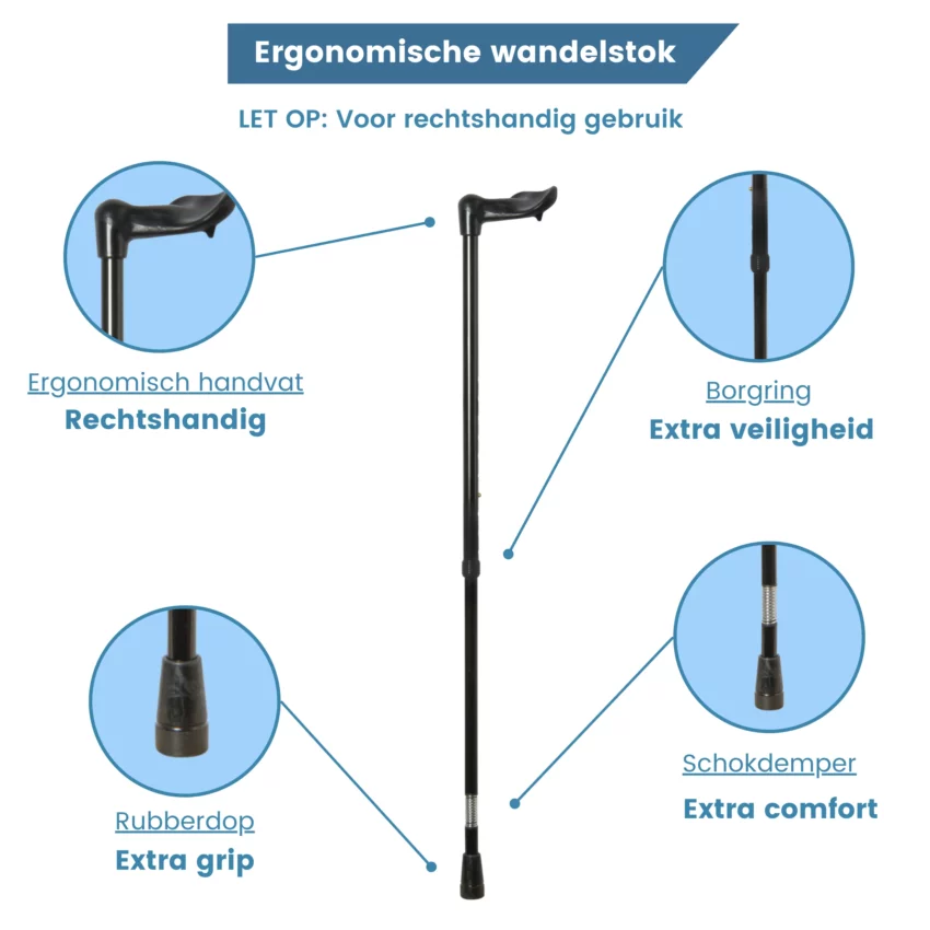 ergonomisch verstelbare wandelstok zwart met schokdemper rechts handvat