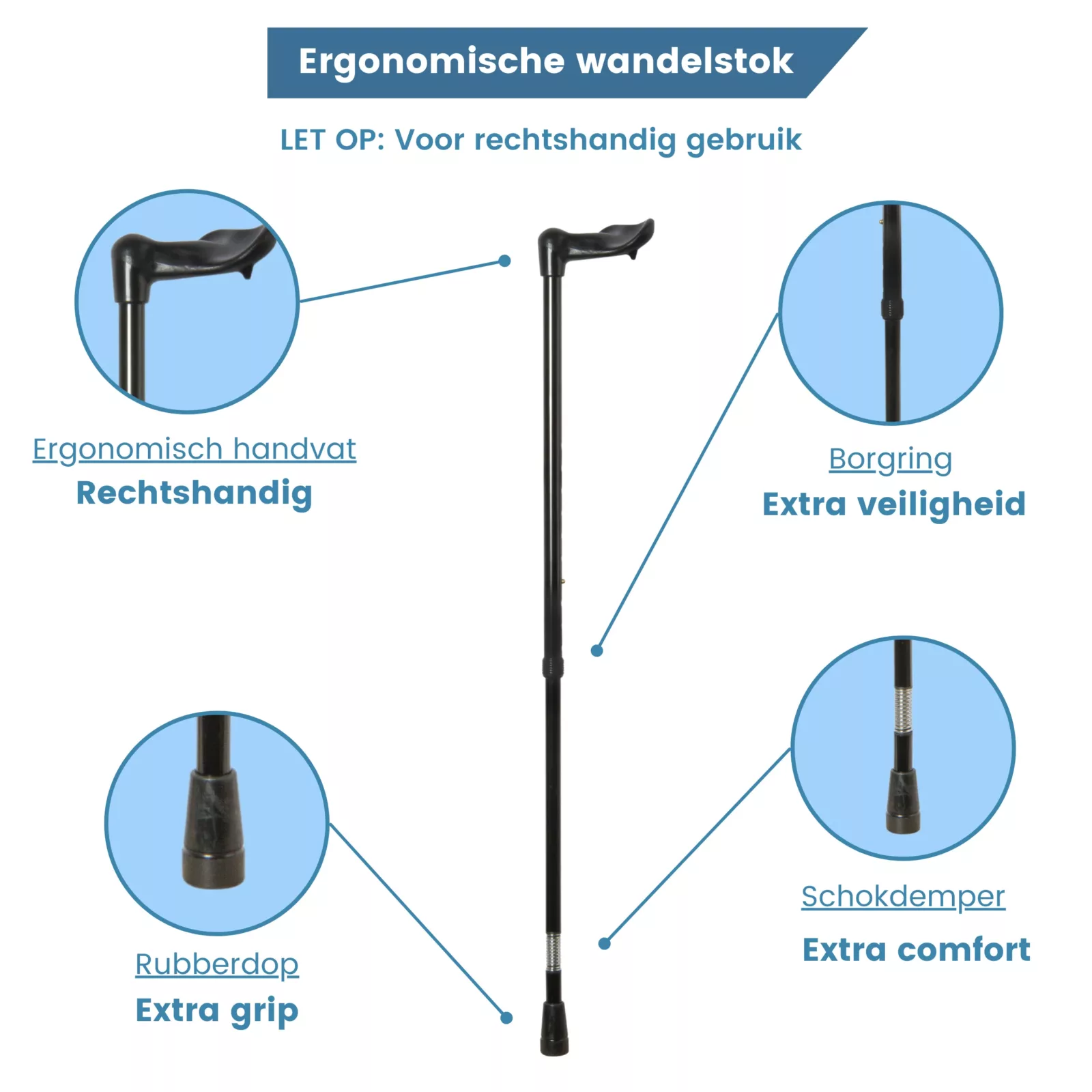 ergonomisch verstelbare wandelstok zwart met schokdemper rechts handvat