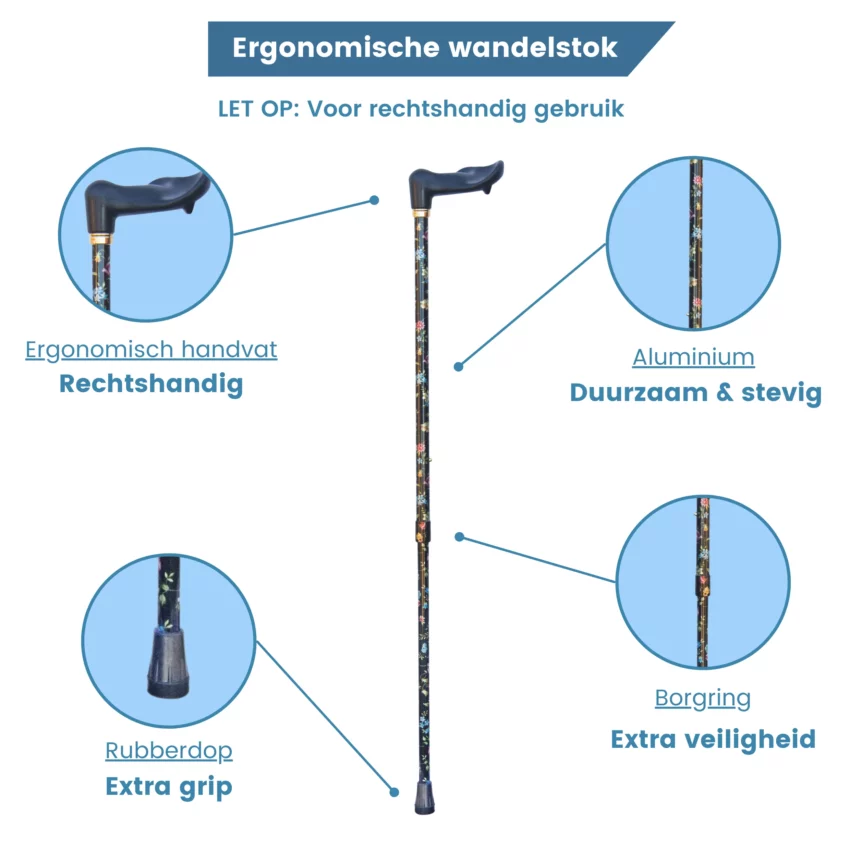 ergonomische wandelstok zwart met bloemen en rechts handvat