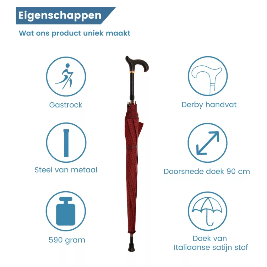 eigenschappen verstelbare wandelstok paraplu Italiaanse satijnen stof