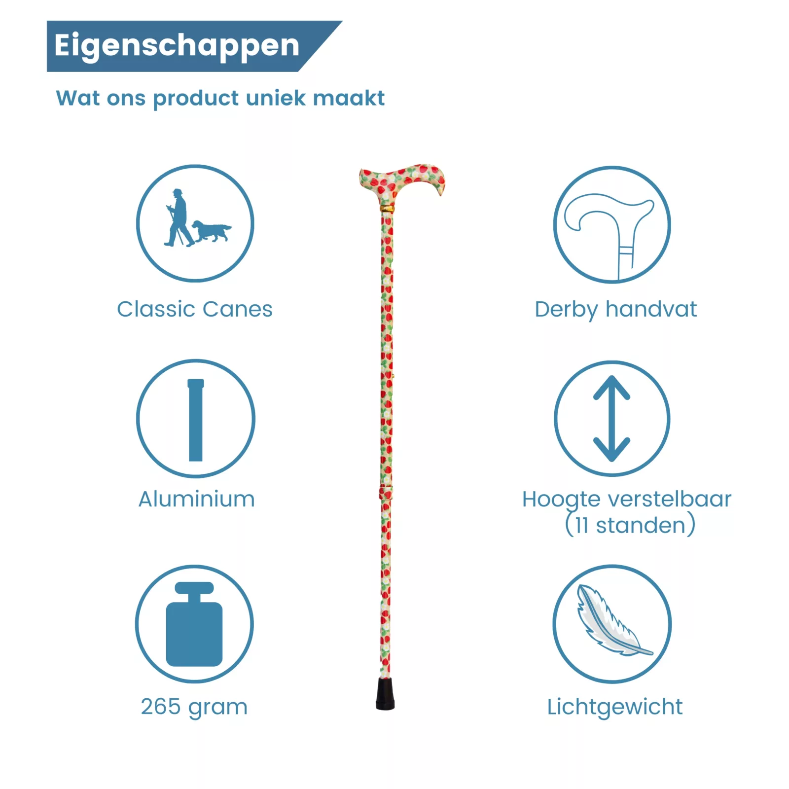 verstelbare wandelstok aardbeien eigenschappen