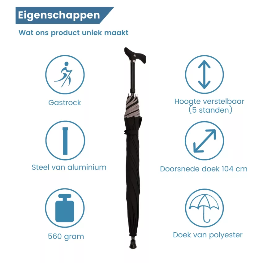 wandelstok paraplu verstelbaar polyesterdoek zwart