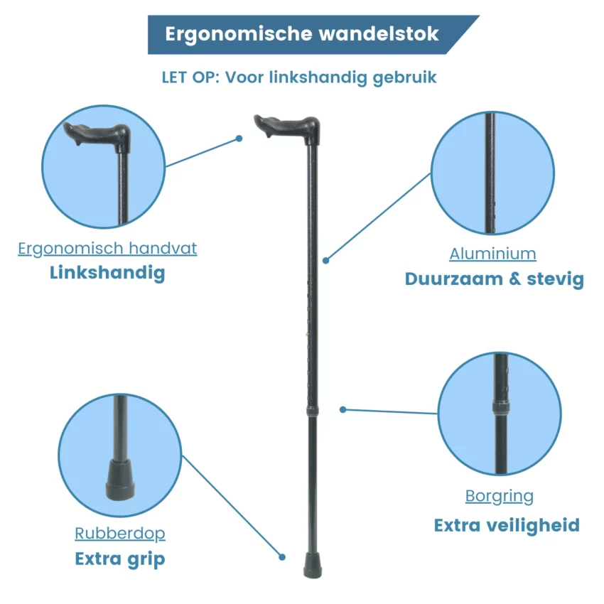 wandelstok ergonomisch linkshandig verstelbaar zwart usp