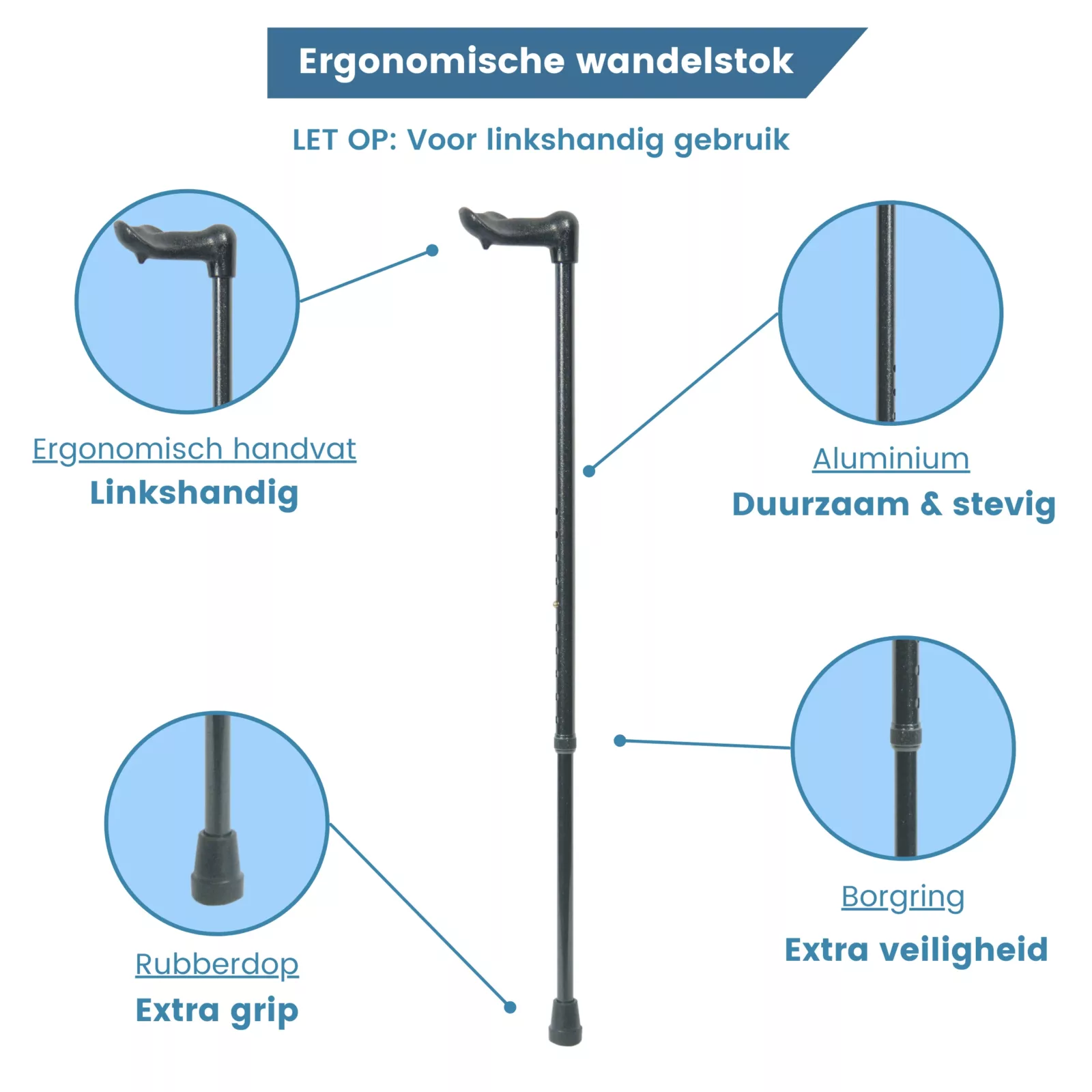 wandelstok ergonomisch linkshandig verstelbaar zwart usp
