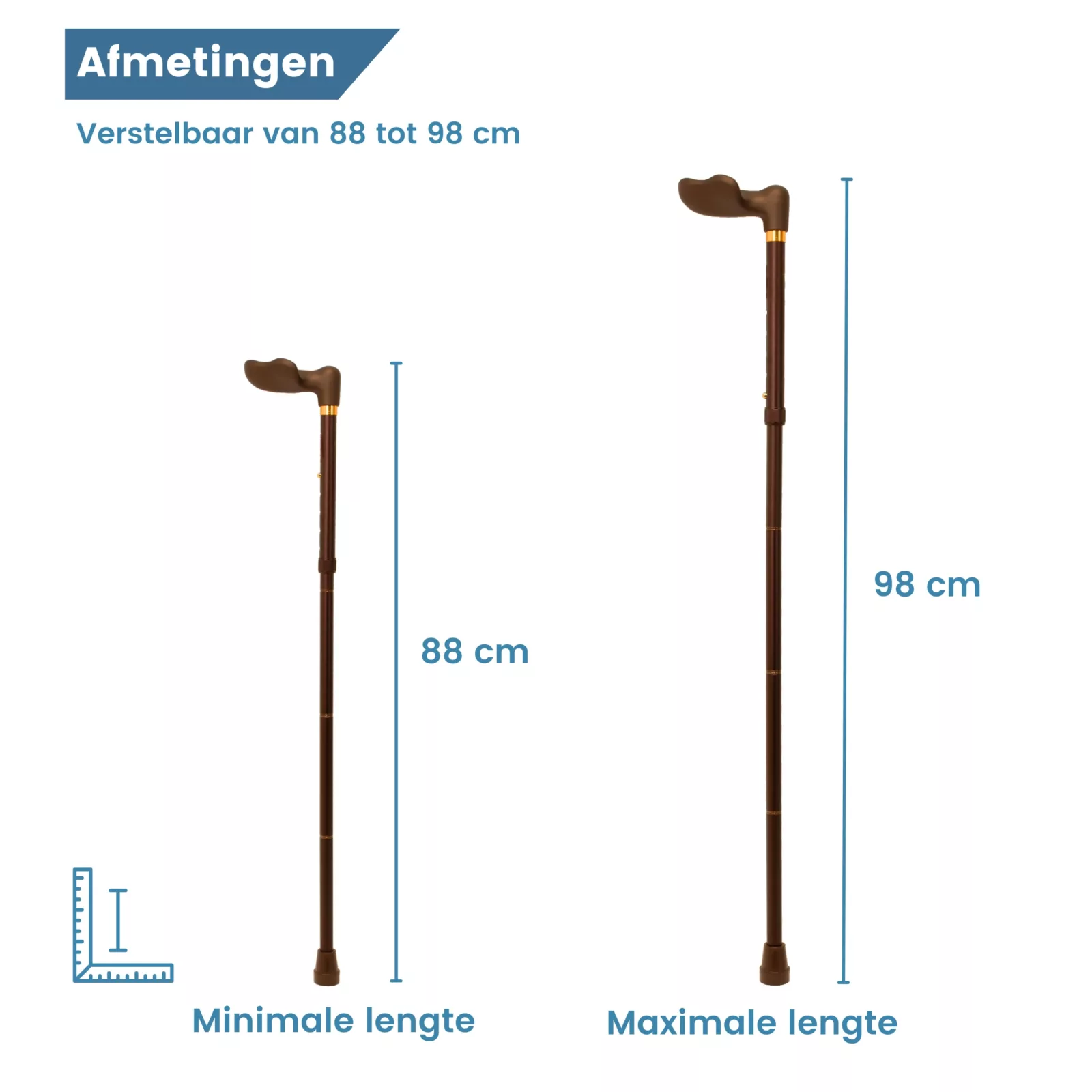 afmetingen wandelstok anatomisch opvouwbaar met linkshandig handvat