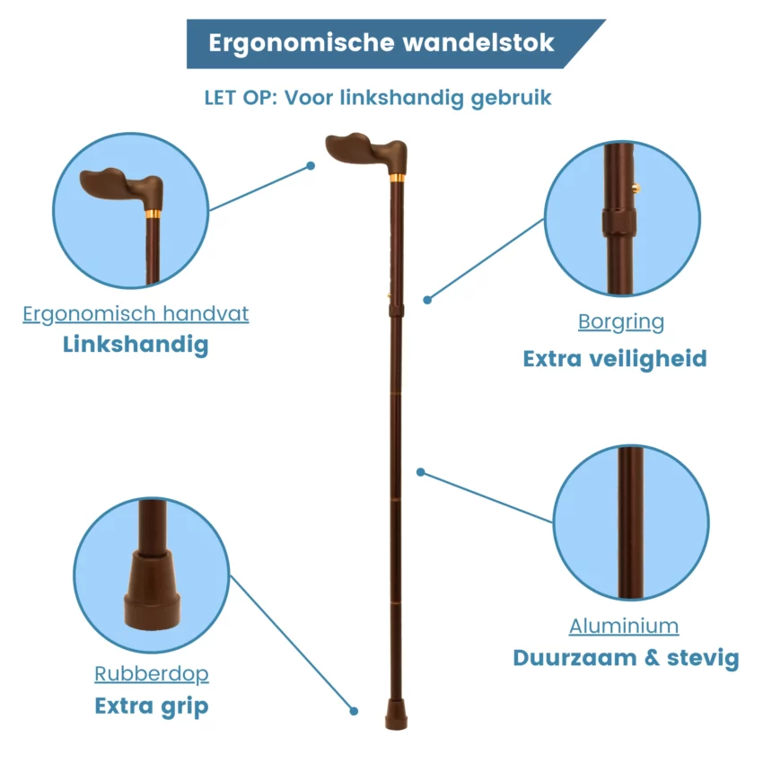 wandelstok ergonomisch opvouwbaar brons soft touch links handvat