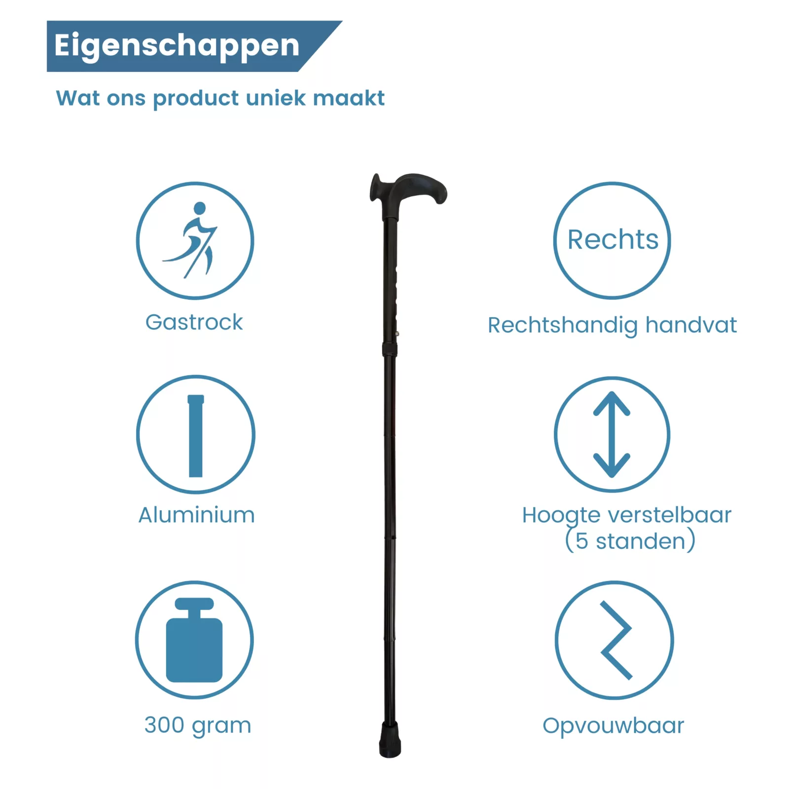 wandelstok ergonomisch opvouwbaar zwart relax grip rechts eigenschappen