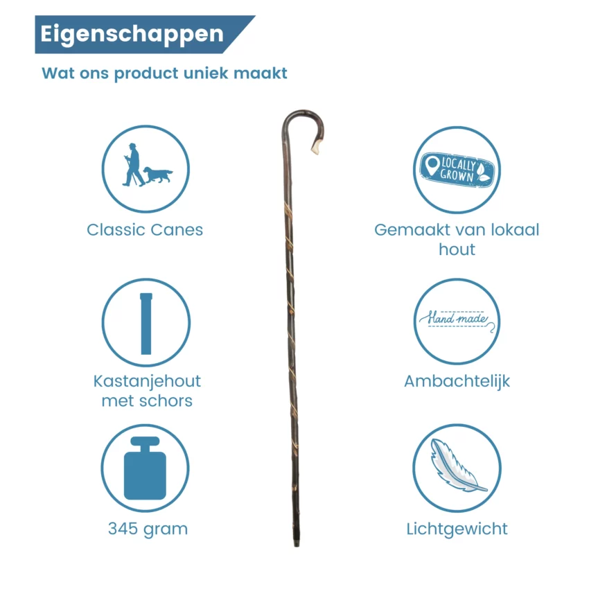 wandelstok herder kastanjehout geschroeid met dubbele spiraal 135 cm eigenschappen