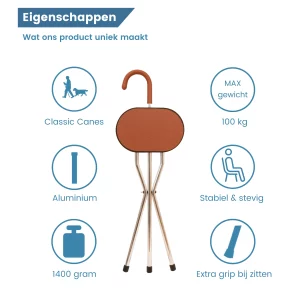 wandelstok met zitje driepoot bruin leer eigenschappen