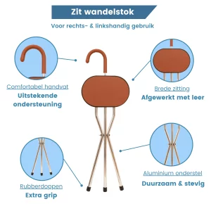 wandelstok met zitje driepoot bruin leer usp